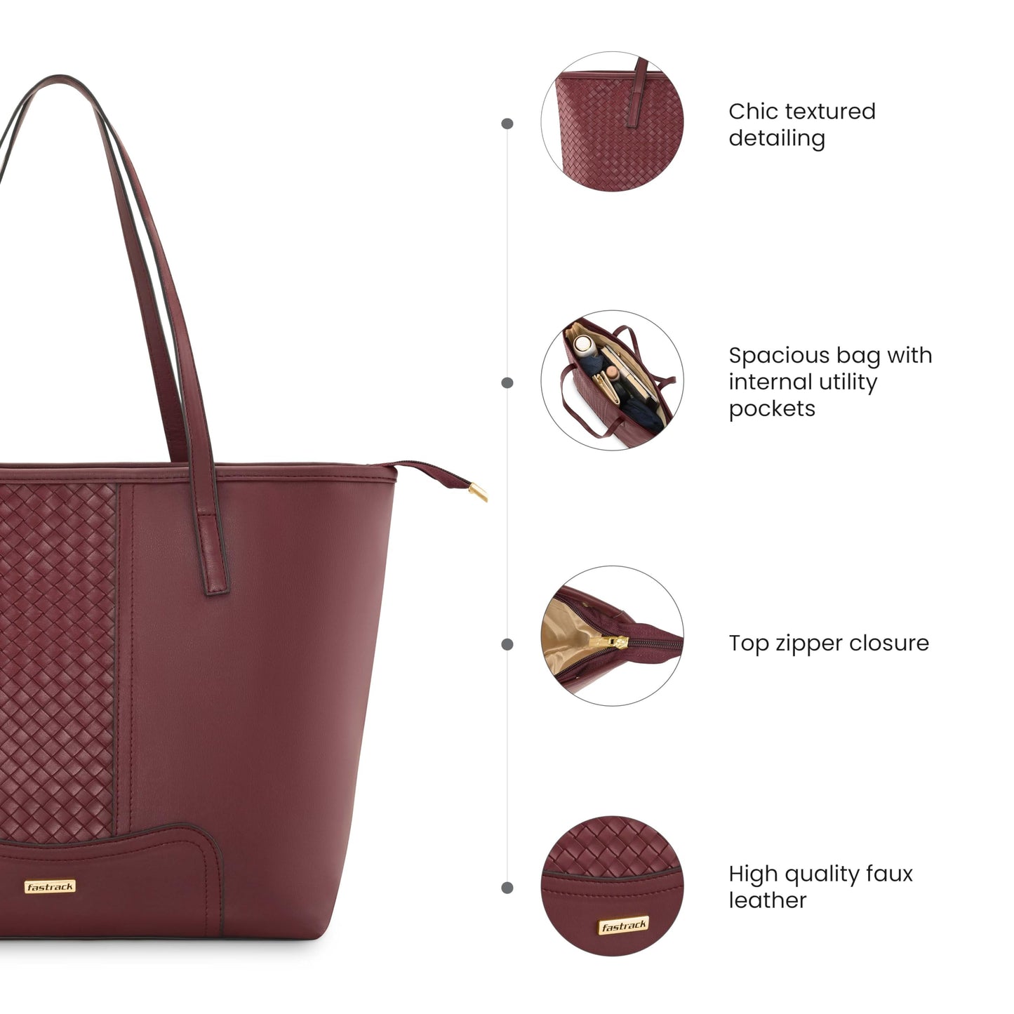 Fastrack Textured Burgundy Tote Bag For Women 