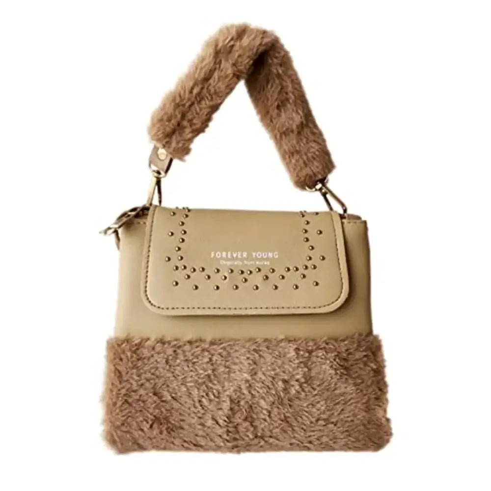 Faux Fur Purse Fuzzy Shoulder strap Aluminum alloy Leisure Party Perfect Gift (beige) 