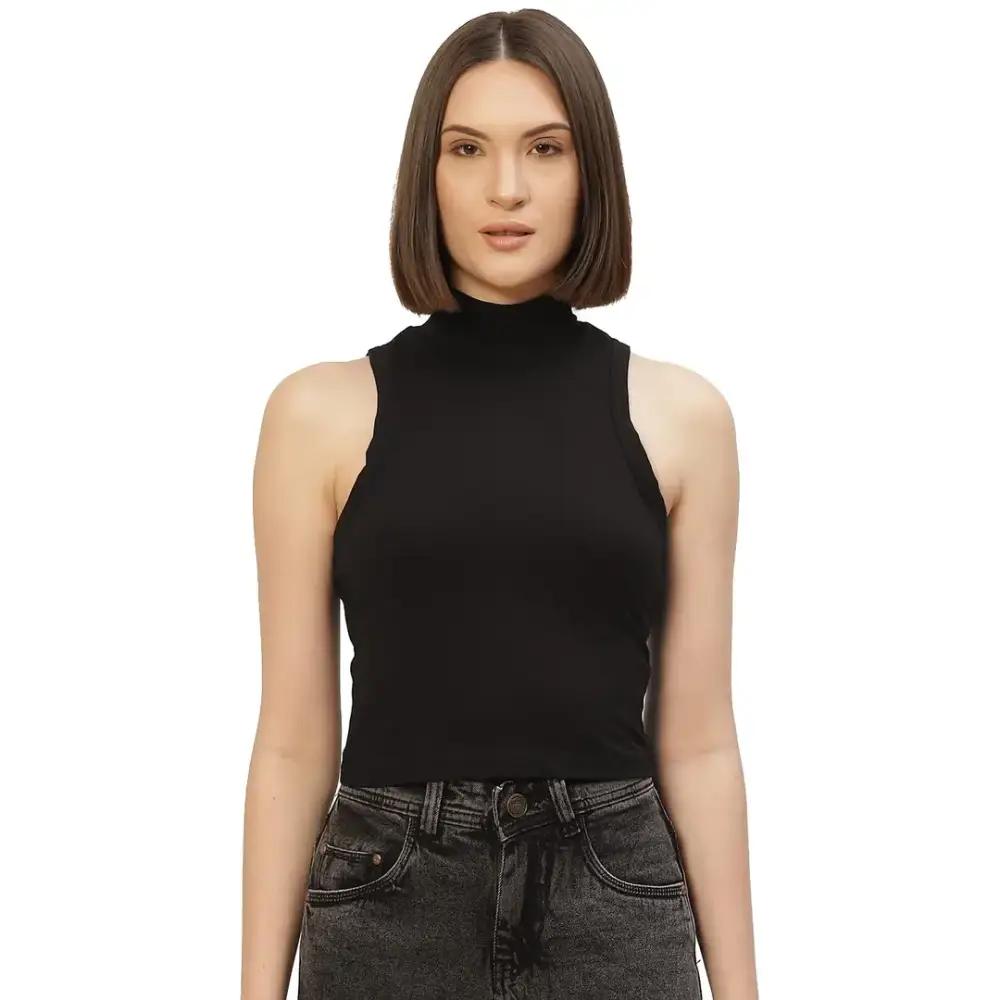 Femea Women Solid Super Soft streachable Cotton Lycra blended Crop Top (BLACK) 