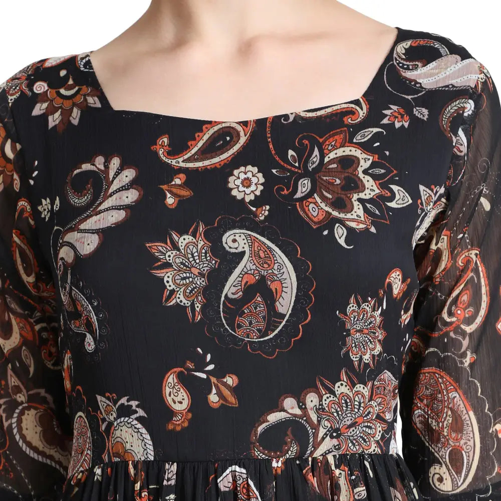 KERI PERRY Women’s Black Chiffon Paisley Print Flared