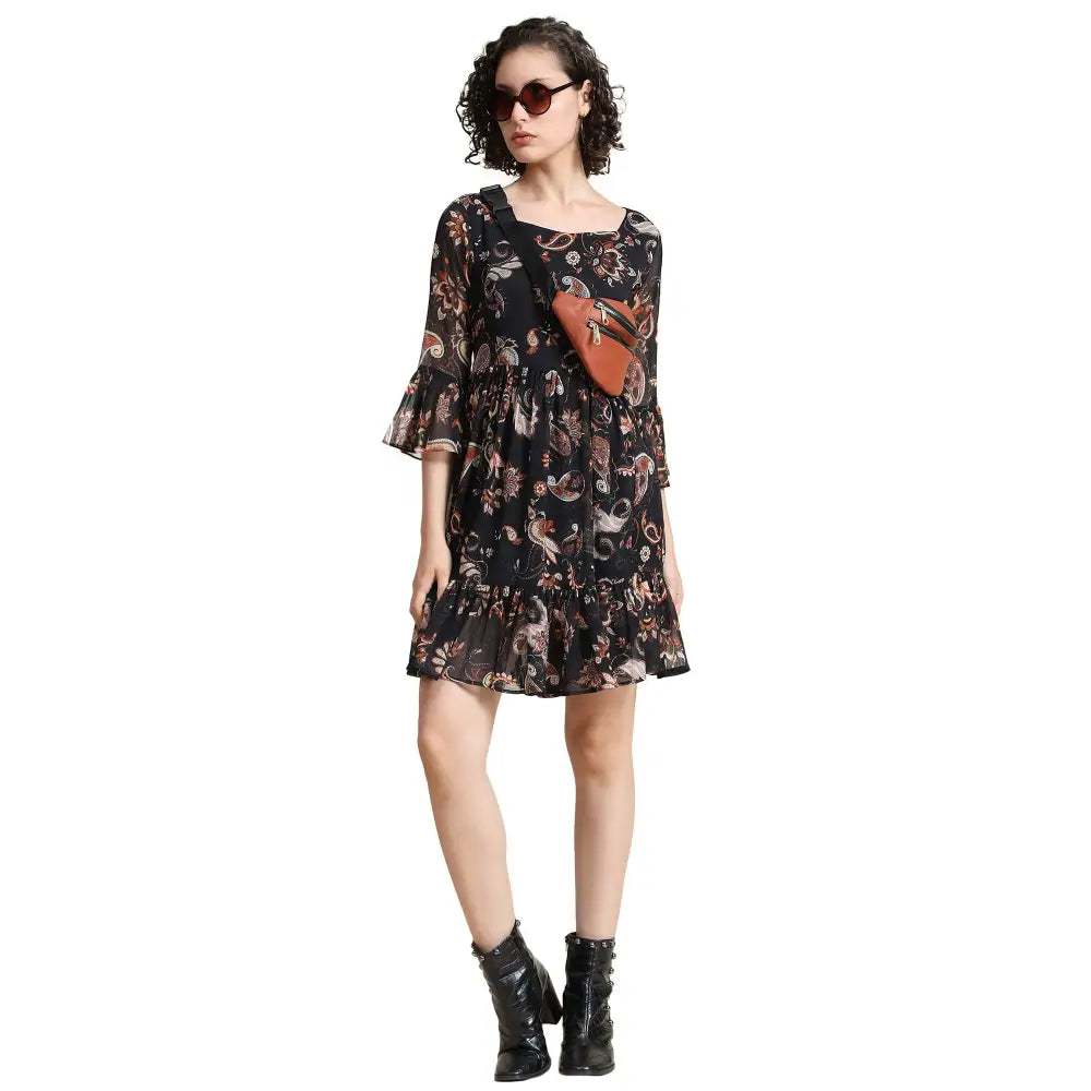 KERI PERRY Women’s Black Chiffon Paisley Print Flared