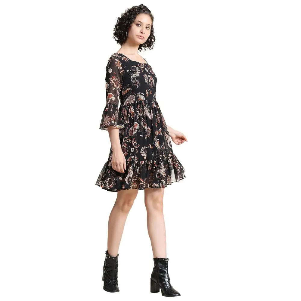 KERI PERRY Women’s Black Chiffon Paisley Print Flared