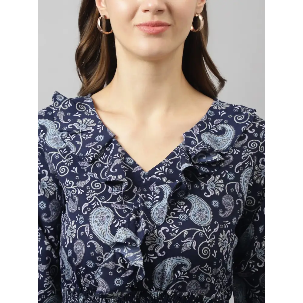 KERI PERRY Women’s Navy Blue Crepe Paisley Print Fit &