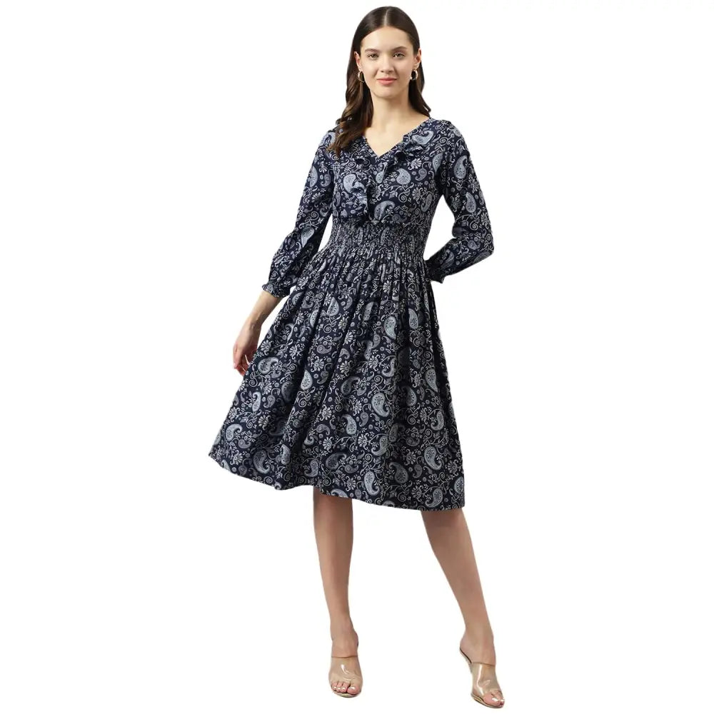 KERI PERRY Women’s Navy Blue Crepe Paisley Print Fit &