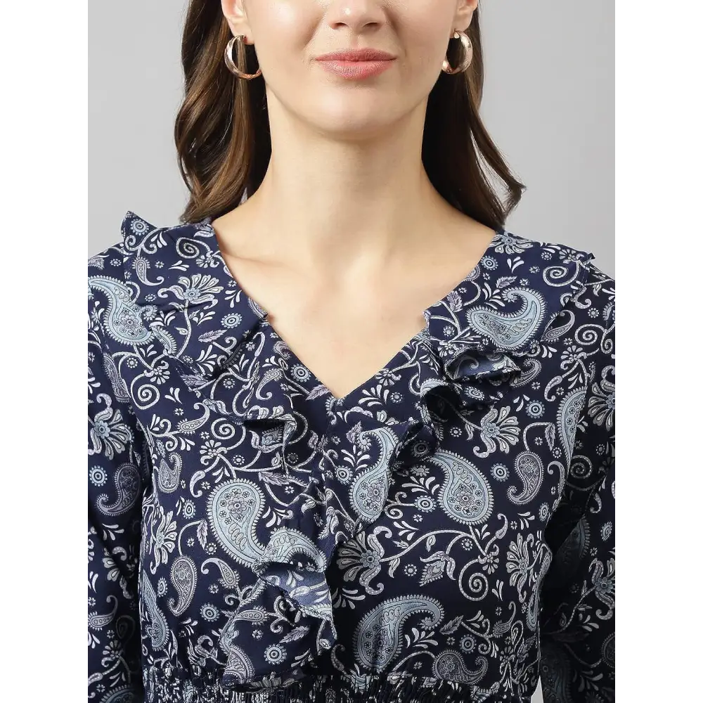 KERI PERRY Women’s Navy Blue Crepe Paisley Print Fit &