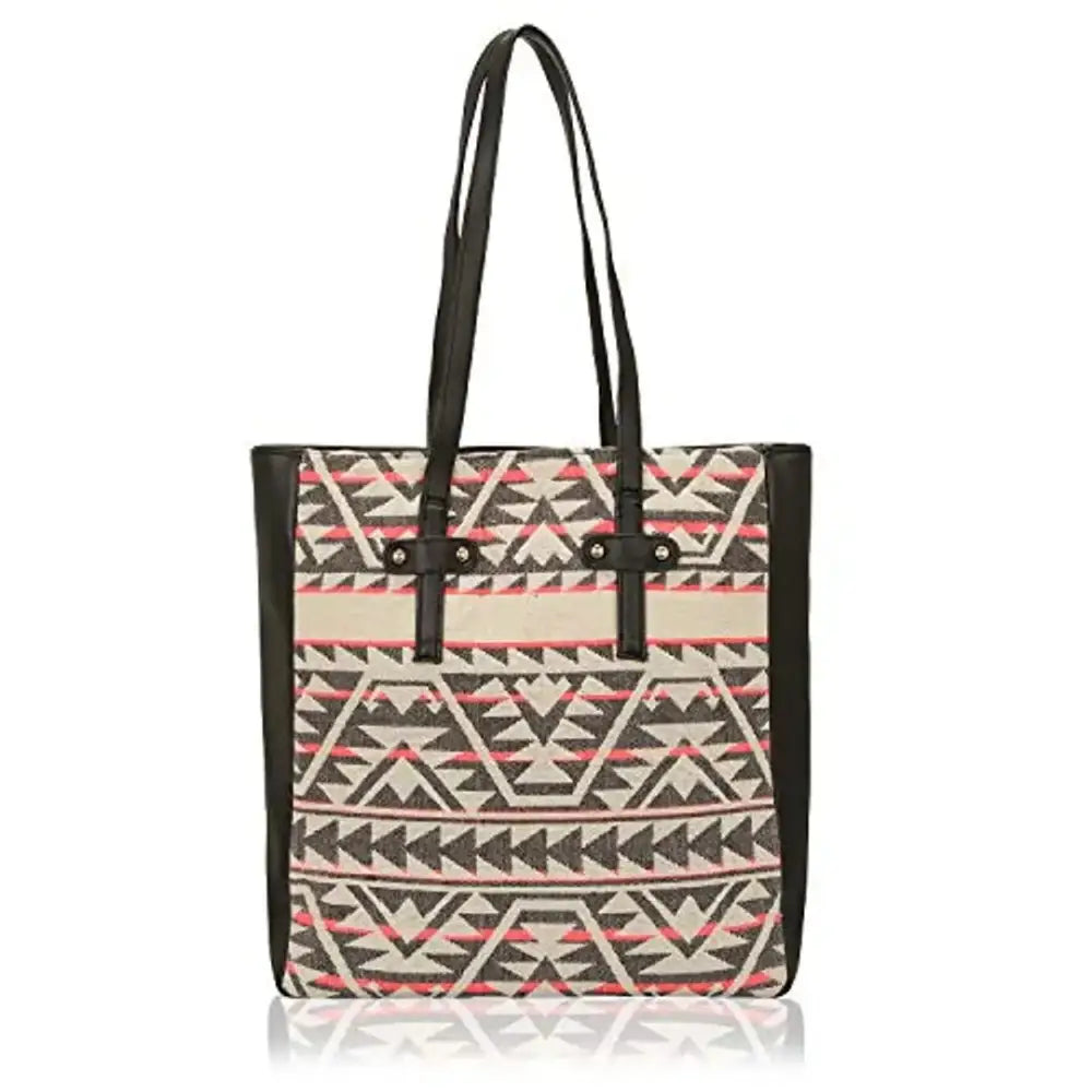 Kleio Womens Tote Shopping Hand Bag Jacquard Fabric With Faux Leather (Black)