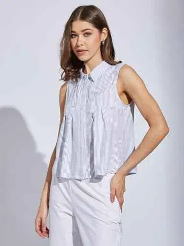 Latin Quarters Women Blue Collar Neck Sleeveless Striped Shirt Blouse_M SaumyasStore