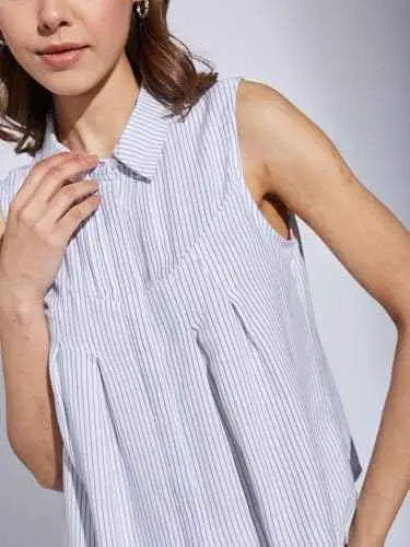 Latin Quarters Women Blue Collar Neck Sleeveless Striped Shirt Blouse_M SaumyasStore