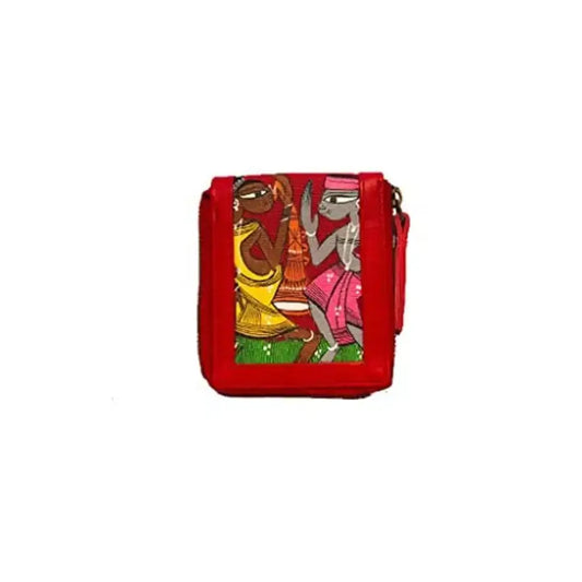 Love leather Zip Around Handpainted Tribal Coin Red Wallet