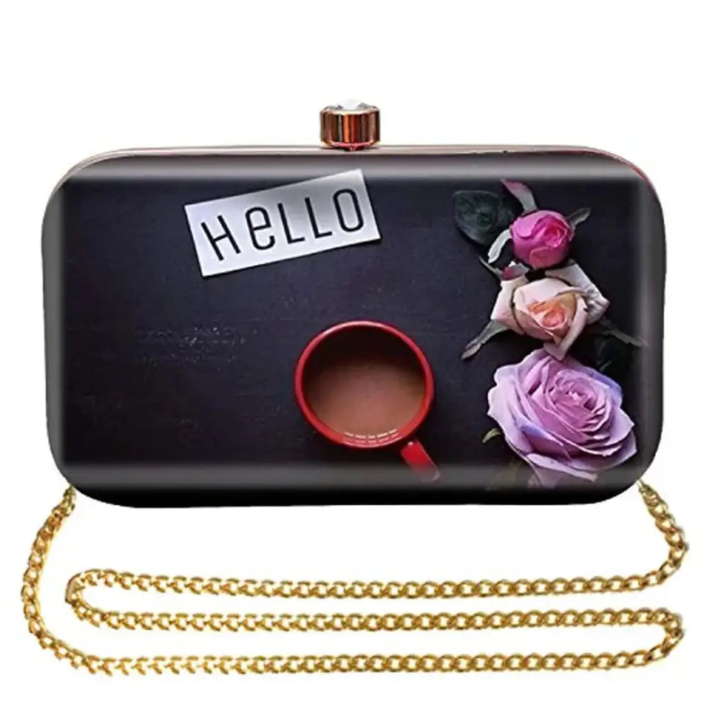 MaFs Printed Clutch Bag with Detachable Chain, Black