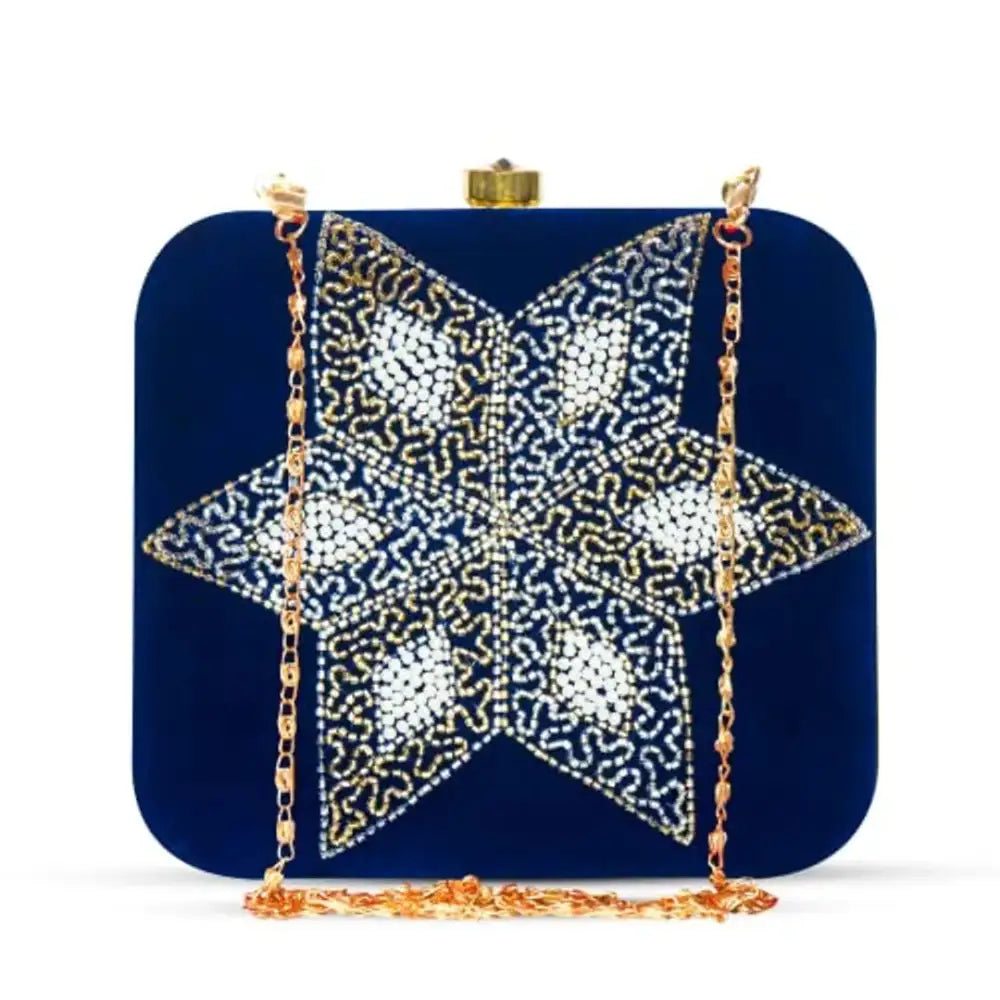 MaFs Women's Blue Velvet Embroidered Parties Clutch