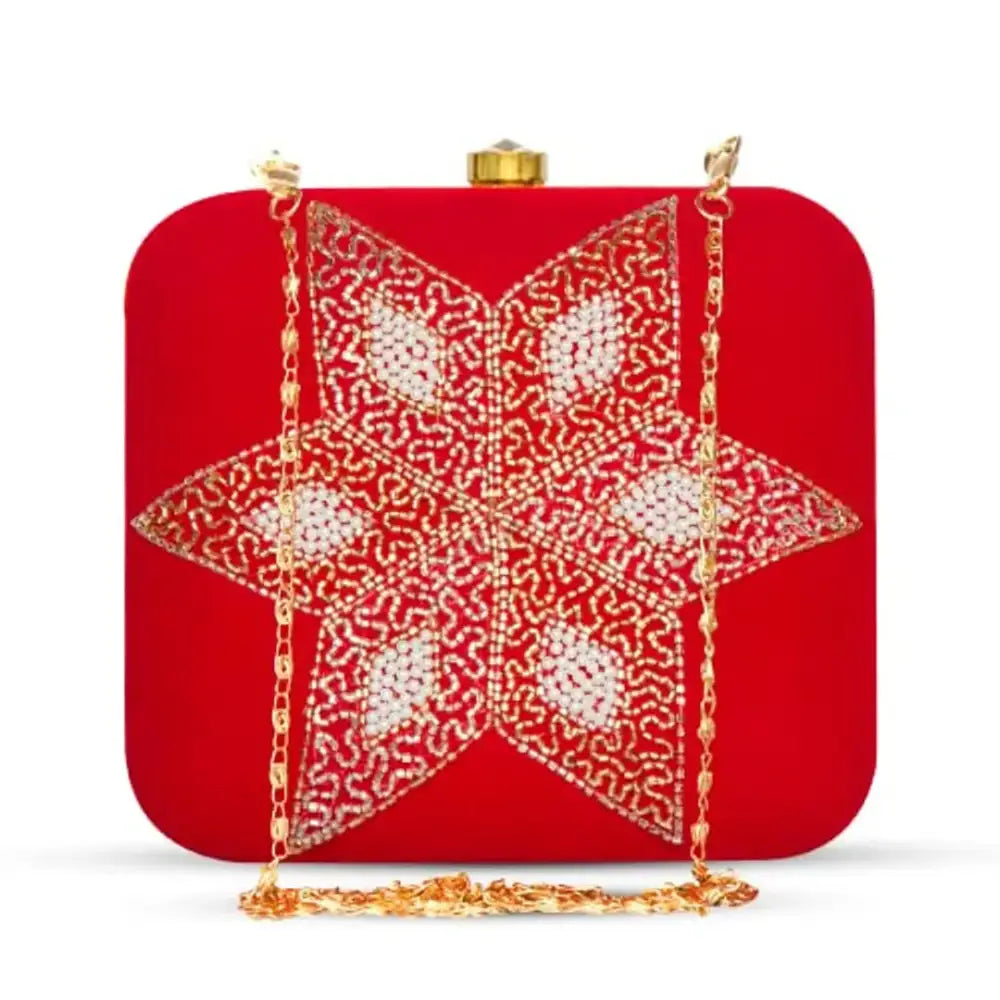 MaFs Women's Red Velvet Embroidered Parties Clutch