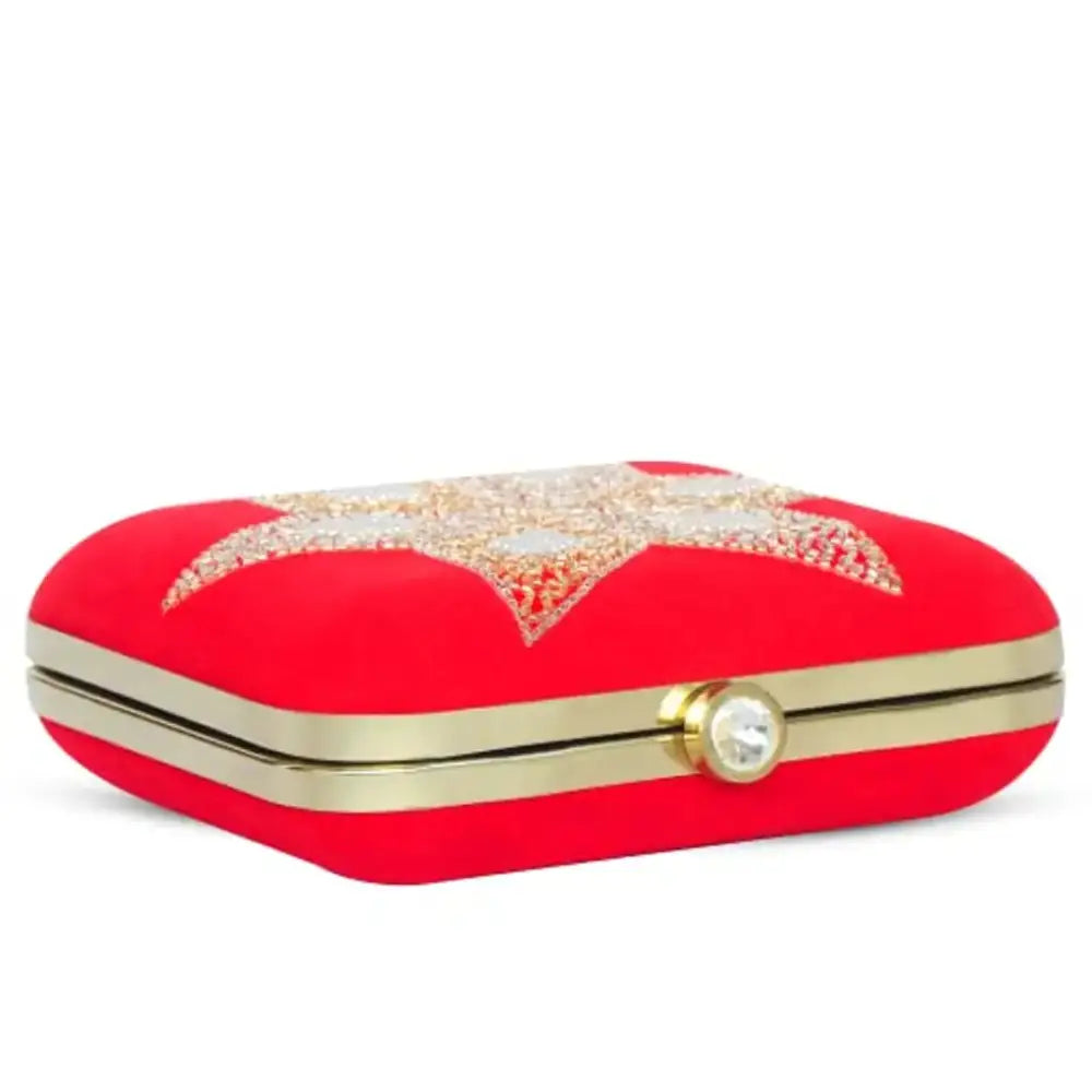 MaFs Women's Red Velvet Embroidered Parties Clutch