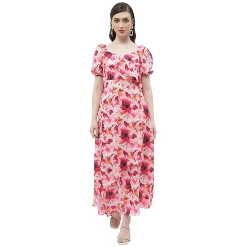 Madame Sweetheart Neck Hot Pink Floral Maxi Dress SaumyasStore
