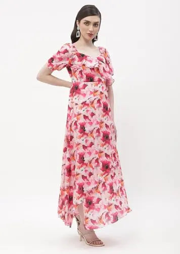 Madame Sweetheart Neck Hot Pink Floral Maxi Dress SaumyasStore