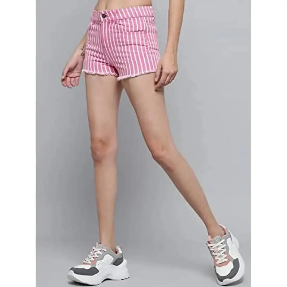 OVERS Women Mid~Rise Striped Printed Denim Shorts(Pink~White)