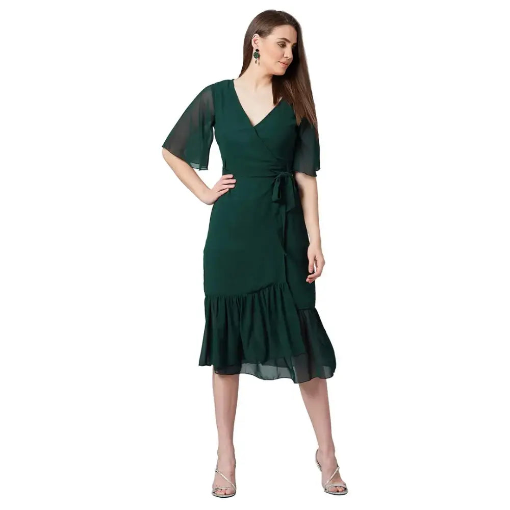 PANIT Women's Wrap Georgette Midi Dress (Green)