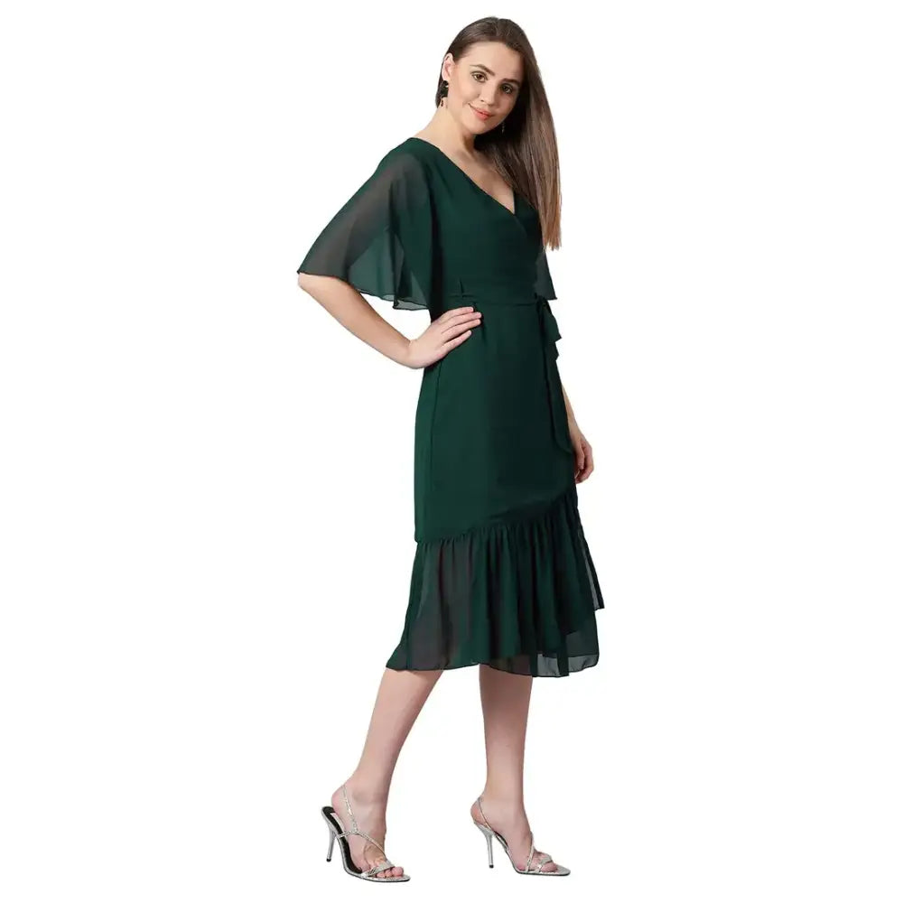 PANIT Women's Wrap Georgette Midi Dress (Green)