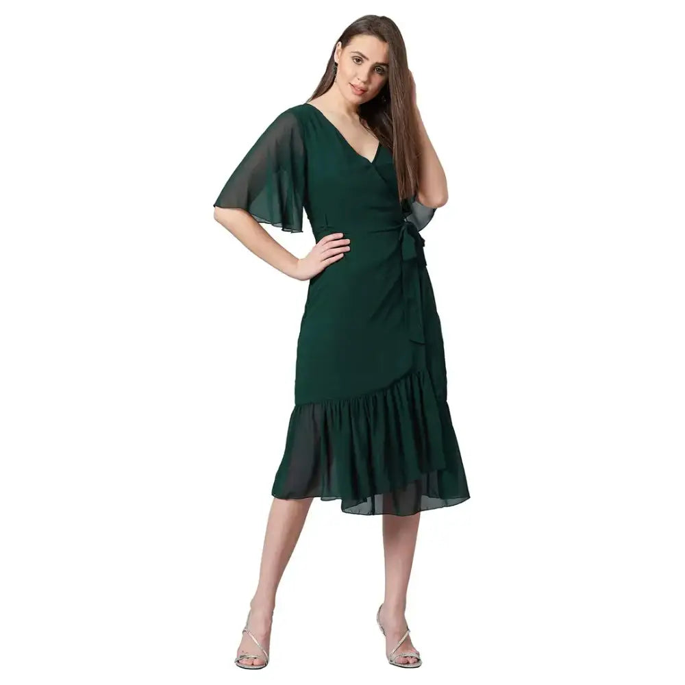 PANIT Women's Wrap Georgette Midi Dress (Green)