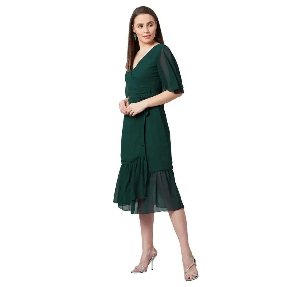 PANIT Women's Wrap Georgette Midi Dress (Green)