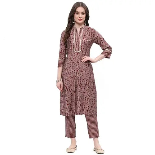 Rangriti Women Viscose Printed Straight Suit Set (FESTIVE19118SS24MRN_Red SaumyasStore
