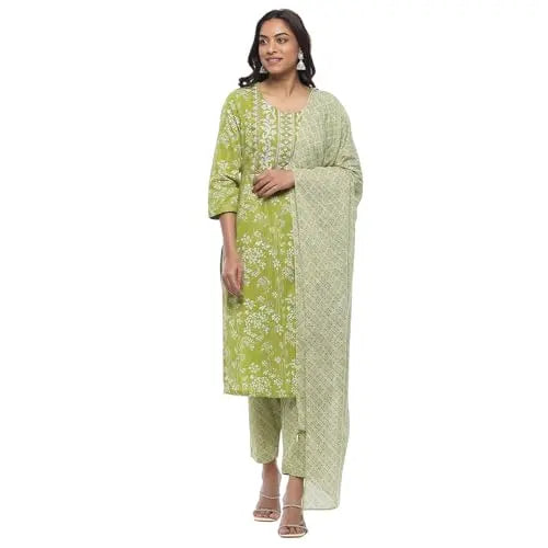 Rangriti Women's Cotton Kurta Sets (FSGLM22135SS25GRN_Green SaumyasStore