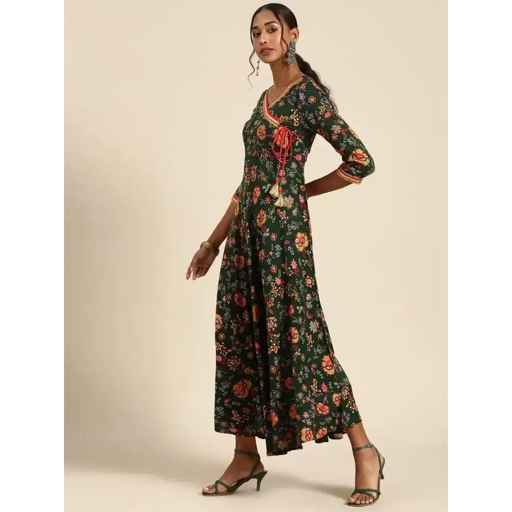 Rapsodia Women's Green  Red Gotta Patti Floral Printed Angrakha Maxi Dress