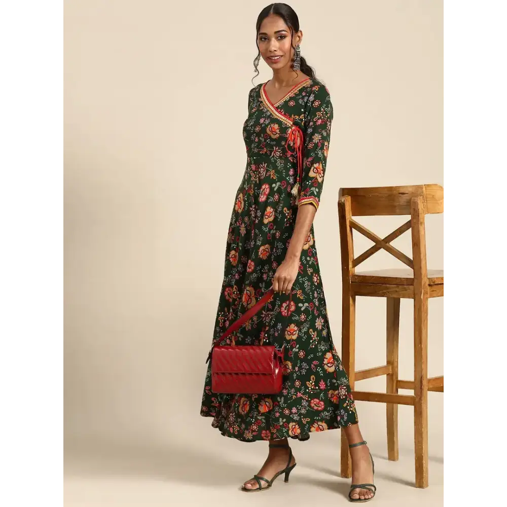 Rapsodia Women's Green  Red Gotta Patti Floral Printed Angrakha Maxi Dress