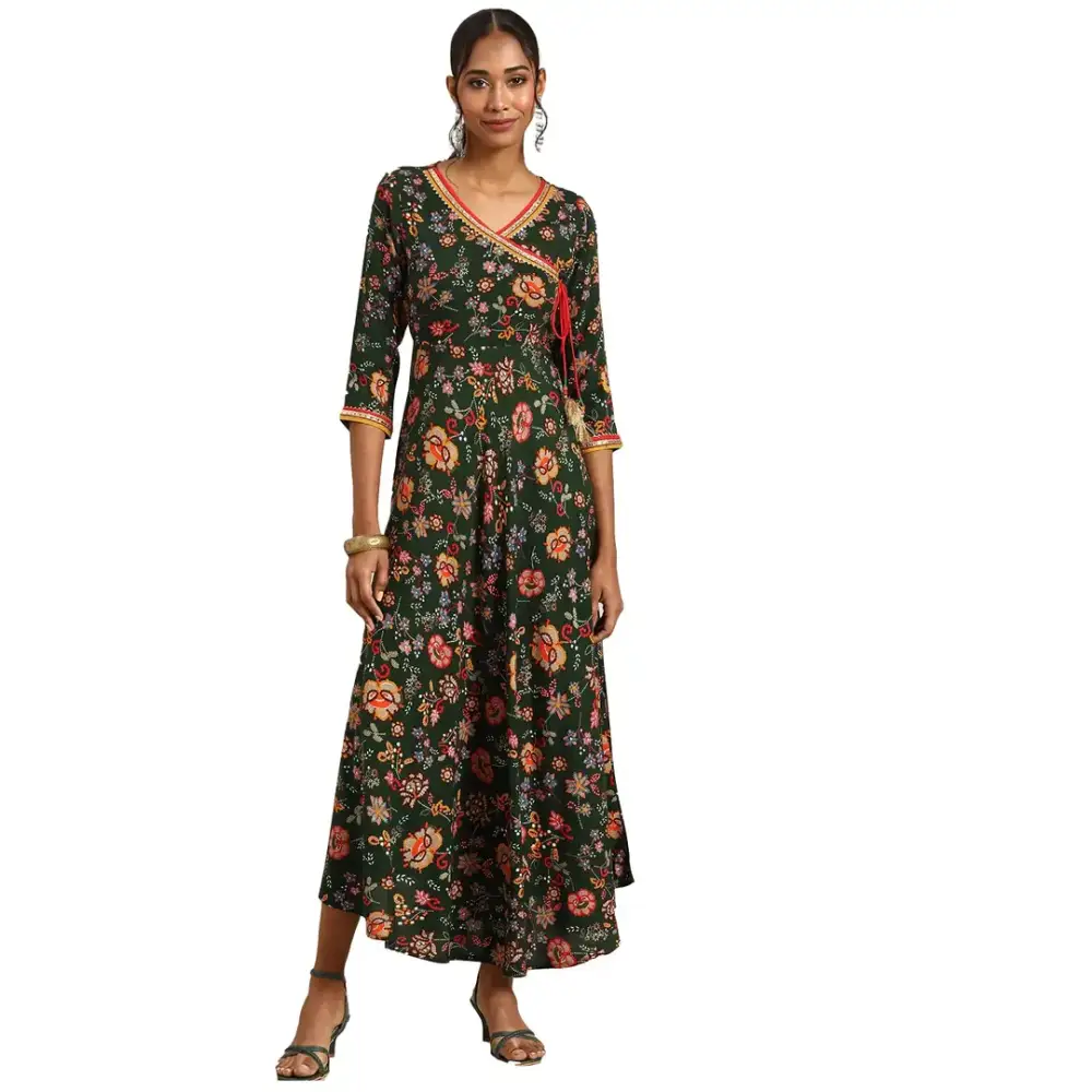 Rapsodia Women's Green  Red Gotta Patti Floral Printed Angrakha Maxi Dress