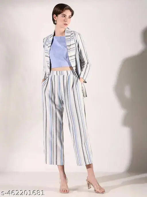 SHOWOFF Women's Striped Blue Co Ords Set with Blazer SaumyasStore