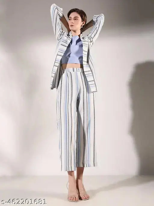 SHOWOFF Women's Striped Blue Co Ords Set with Blazer SaumyasStore