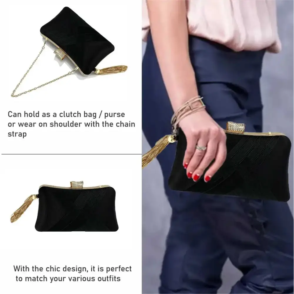 SYGA Women Clutch Bag with Chain Shoulder Strap Tassels Fashion Crossbody Bag Elegant Clutch Black