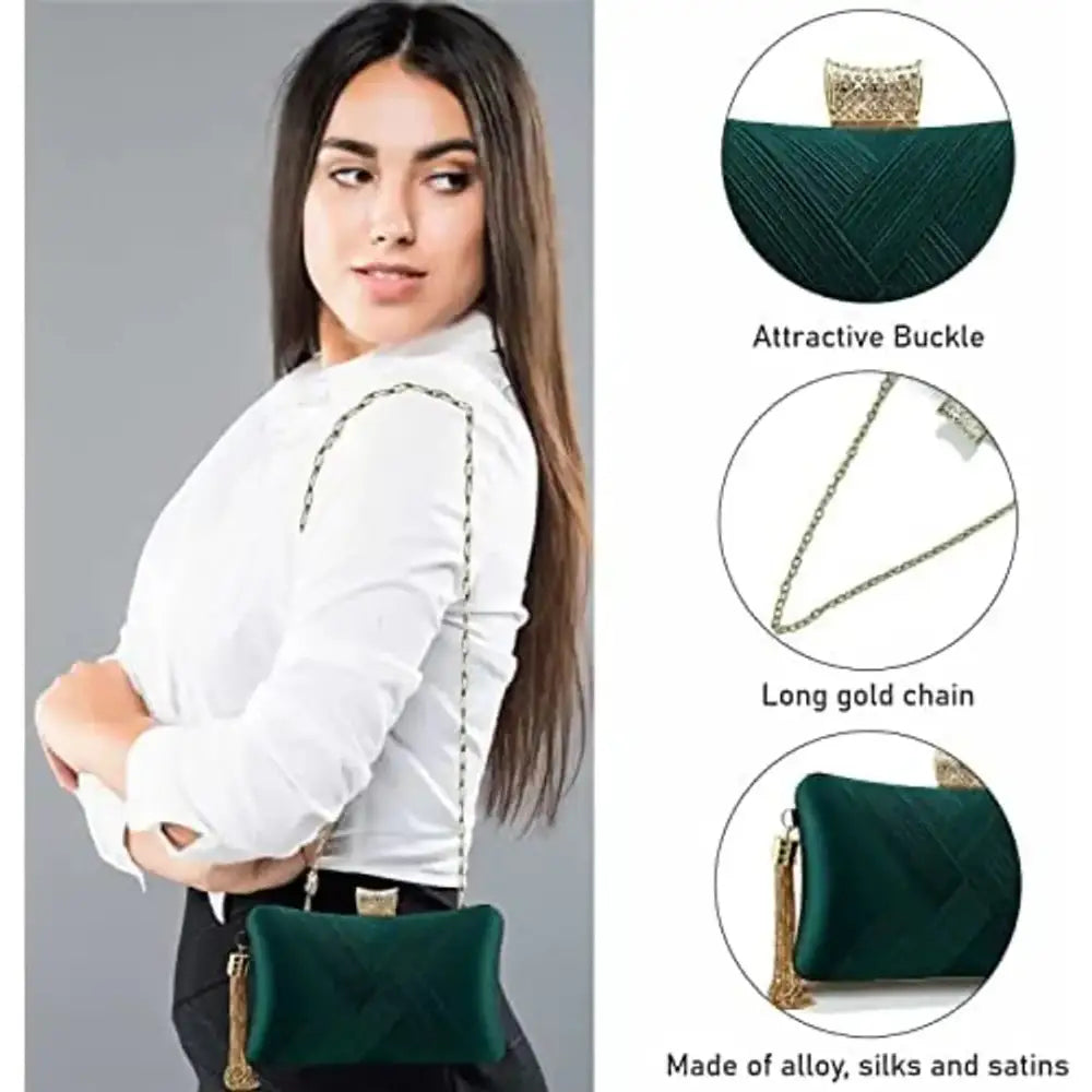 SYGA Women Clutch Bag with Chain Shoulder Strap Tassels Fashion Crossbody Bag Elegant Clutch Purse Hand Bag for Dance Wedding Evening Party Prom Bride- Dark Green