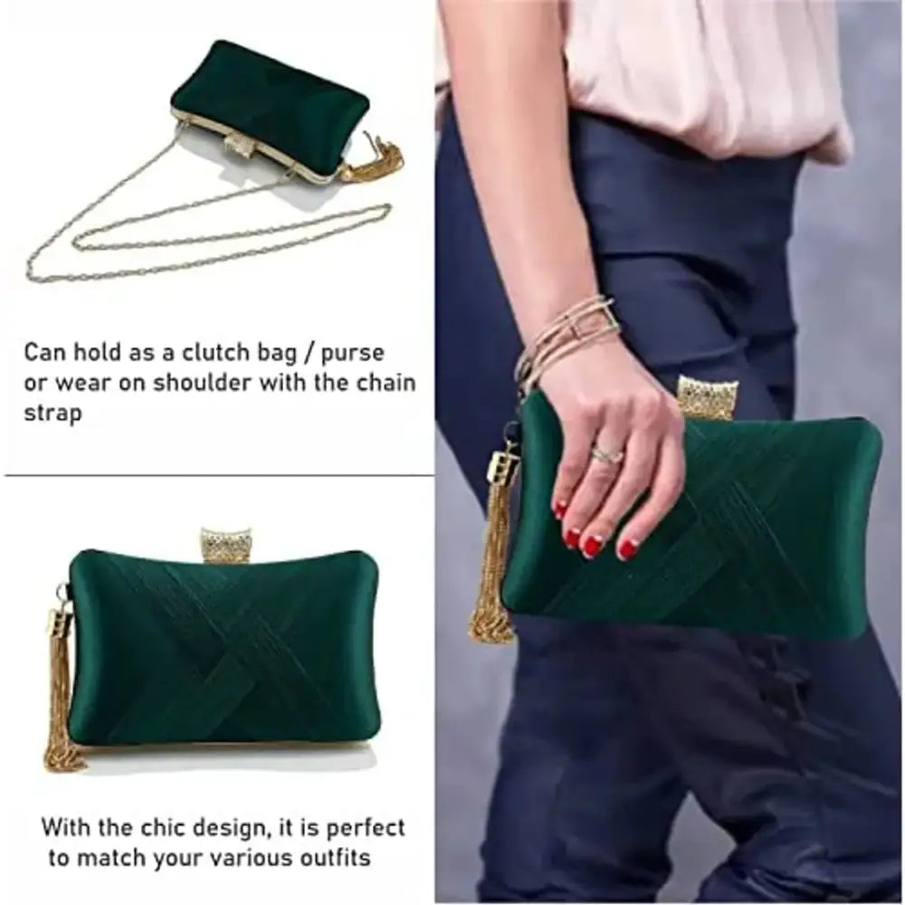 SYGA Women Clutch Bag with Chain Shoulder Strap Tassels Fashion Crossbody Bag Elegant Clutch Purse Hand Bag for Dance Wedding Evening Party Prom Bride- Dark Green