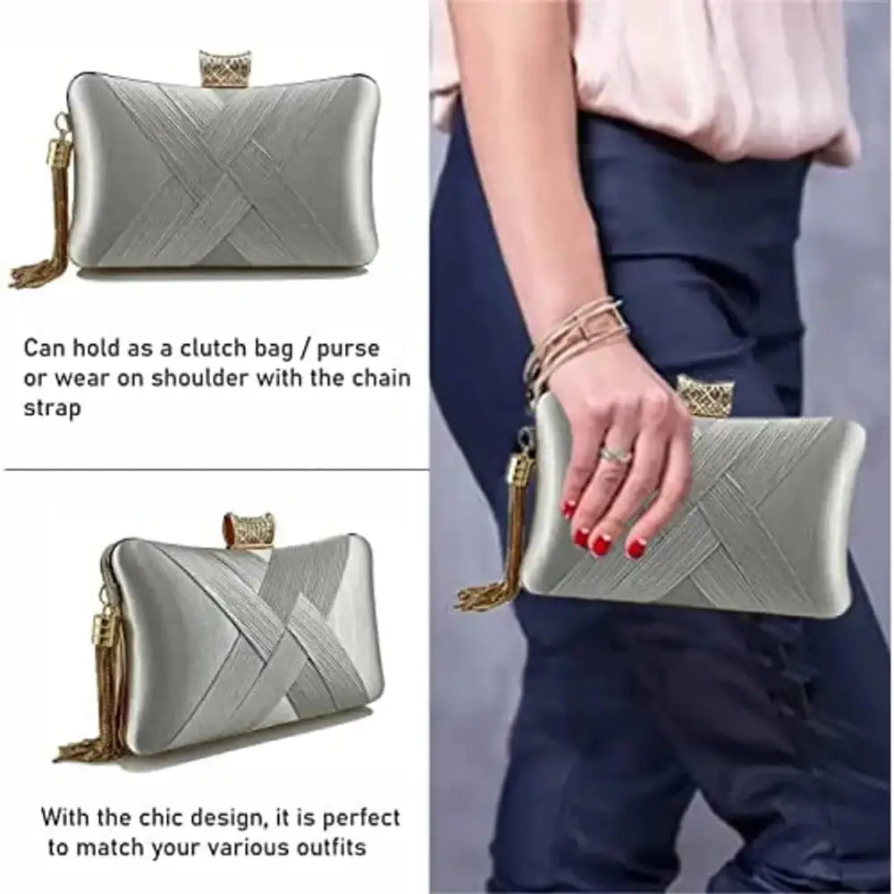 SYGA Women Clutch Bag with Chain Shoulder Strap Tassels Fashion Crossbody Bag Elegant Clutch Purse Hand Bag for Dance Wedding Evening Party Prom Bride- Silver