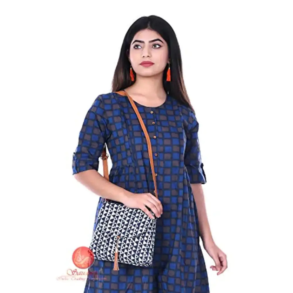 Saudeep India Hand Made Cotton Printed Ikat Sling Bag For Women  Girls, College Bag For Girls (Blue)