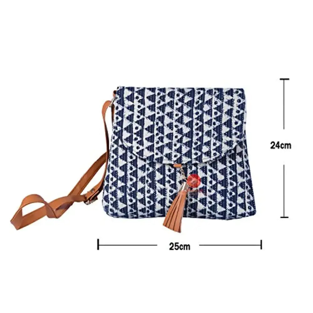 Saudeep India Hand Made Cotton Printed Ikat Sling Bag For Women  Girls, College Bag For Girls (Blue)