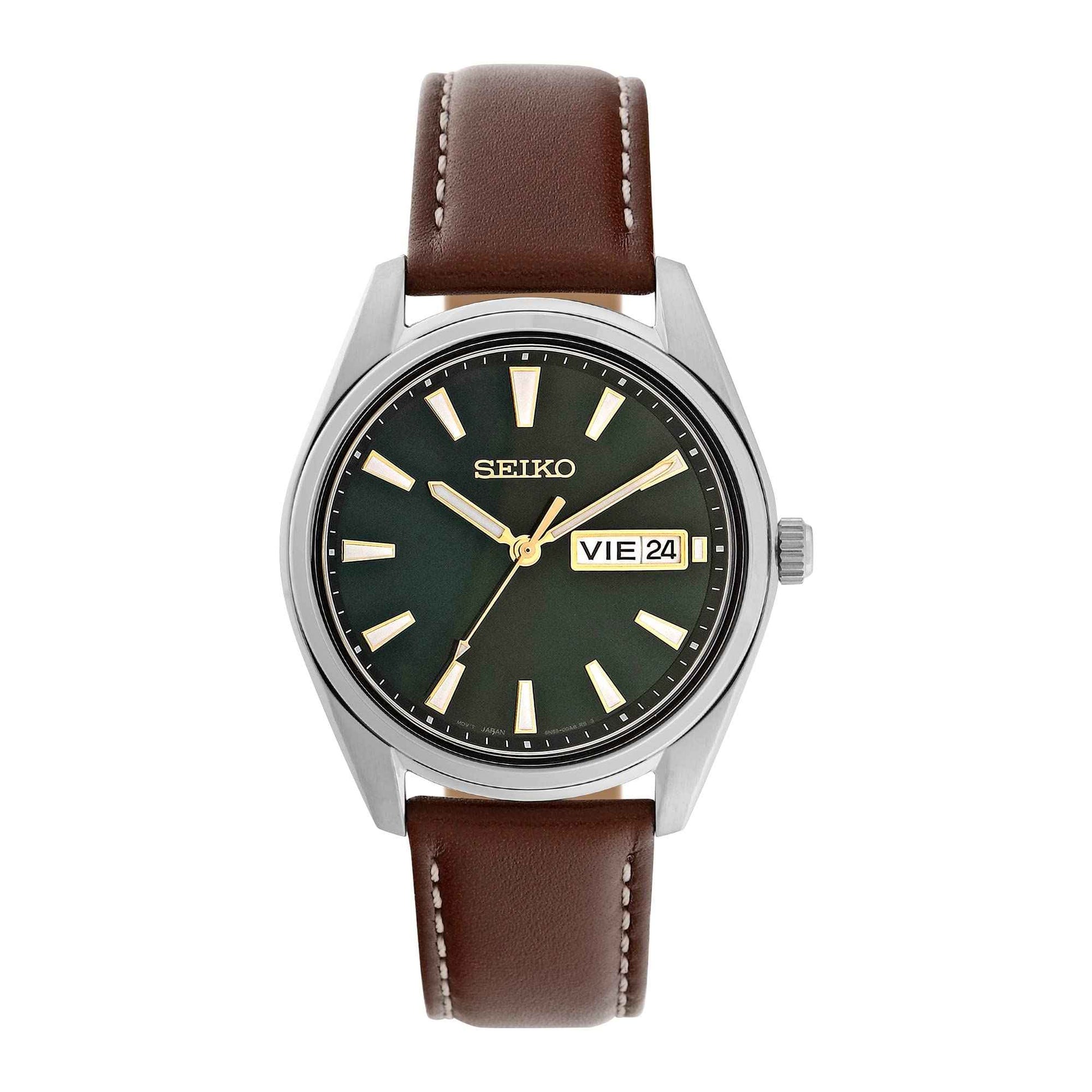 seiko green dial dress Presage "Cocktail Time" Power Reserve Watch #SSA459 Long Island Watch hour GMT hand SEIKO Green Dial ESSENTIALS Brown