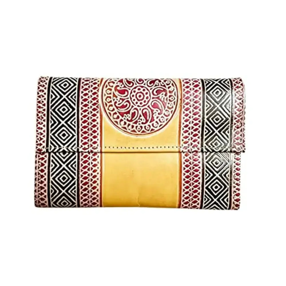 SilkyKraftz Handcrafted Genuine Shantiniketan Leather Clutch Bag Purse for Girls and Women