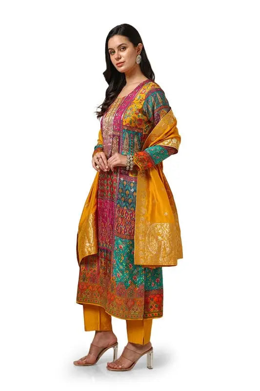 Soch Womens Mustard Brocade Ethnic Motifs Suit Set With Faux Mirror And Sequins SaumyasStore