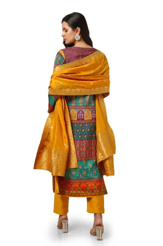 Soch Womens Mustard Brocade Ethnic Motifs Suit Set With Faux Mirror And Sequins SaumyasStore