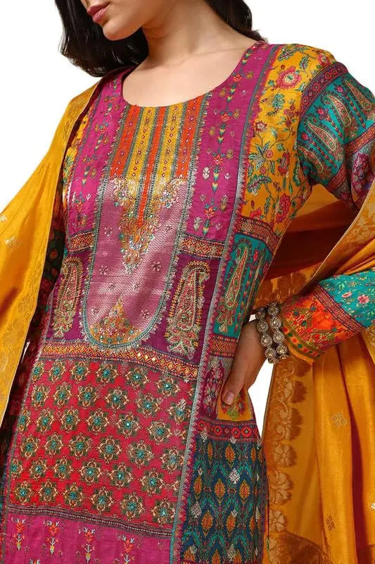 Soch Womens Mustard Brocade Ethnic Motifs Suit Set With Faux Mirror And Sequins SaumyasStore