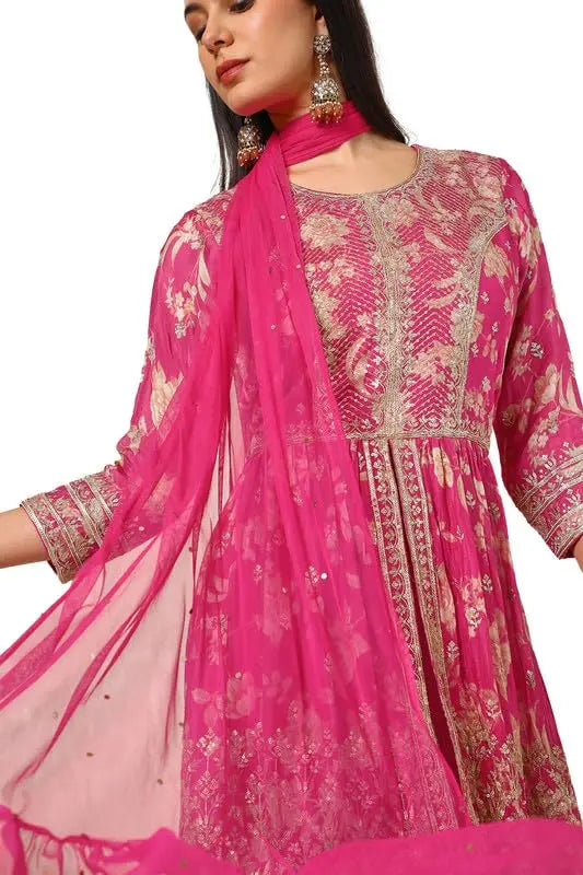 Soch Womens Pink Chinon Blend Embroidered Suit Set With Sequence Work SaumyasStore