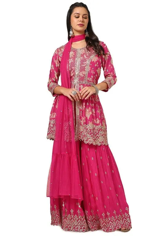 Soch Womens Pink Chinon Blend Embroidered Suit Set With Sequence Work SaumyasStore