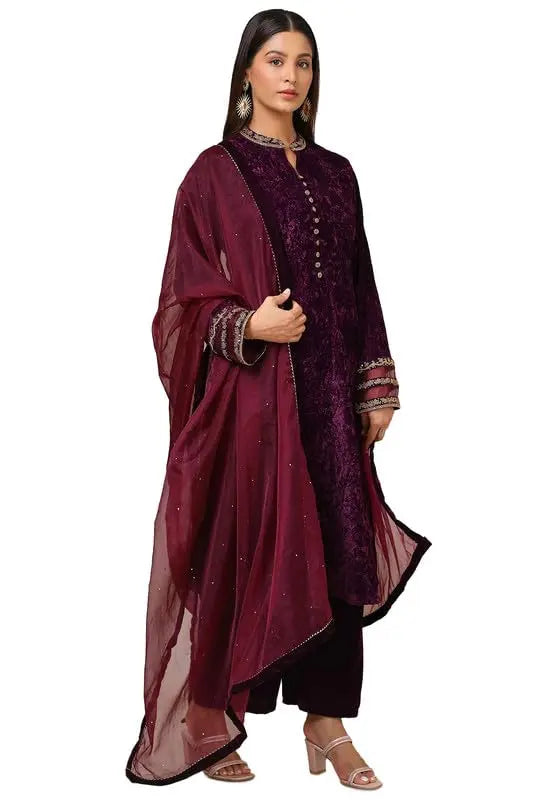 Soch Womens Wine Velvet Embroidered Suit Set With Beads And Stones SaumyasStore