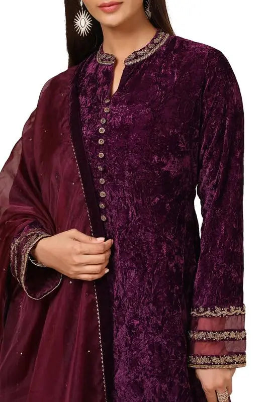 Soch Womens Wine Velvet Embroidered Suit Set With Beads And Stones SaumyasStore
