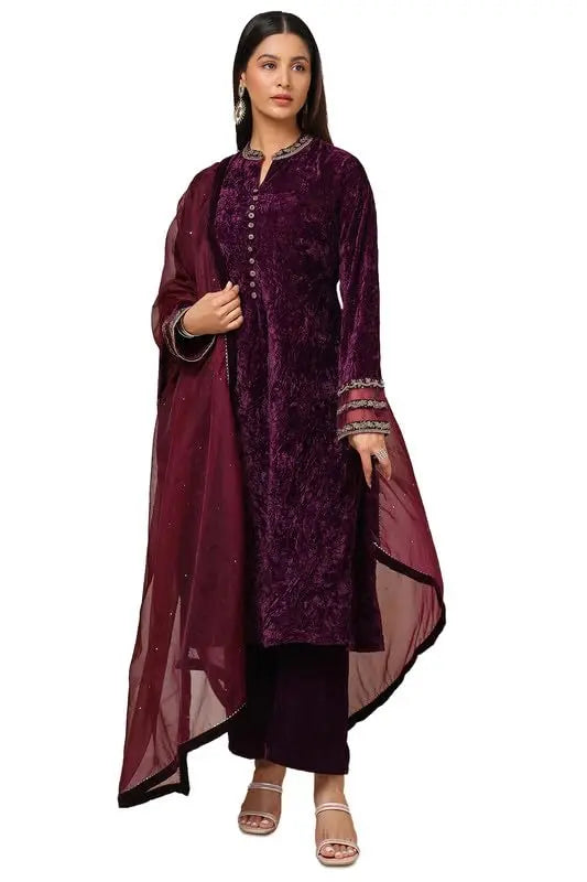 Soch Womens Wine Velvet Embroidered Suit Set With Beads And Stones SaumyasStore