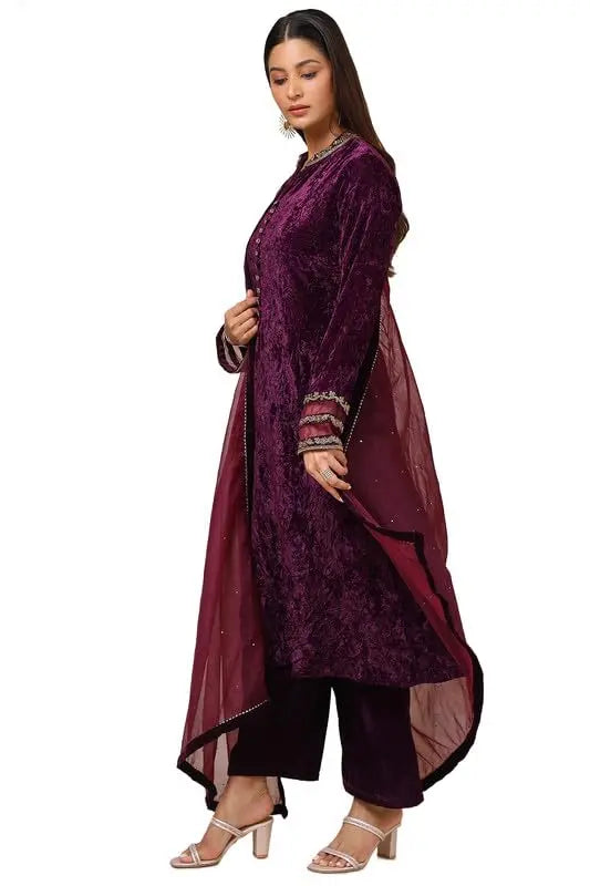 Soch Womens Wine Velvet Embroidered Suit Set With Beads And Stones SaumyasStore