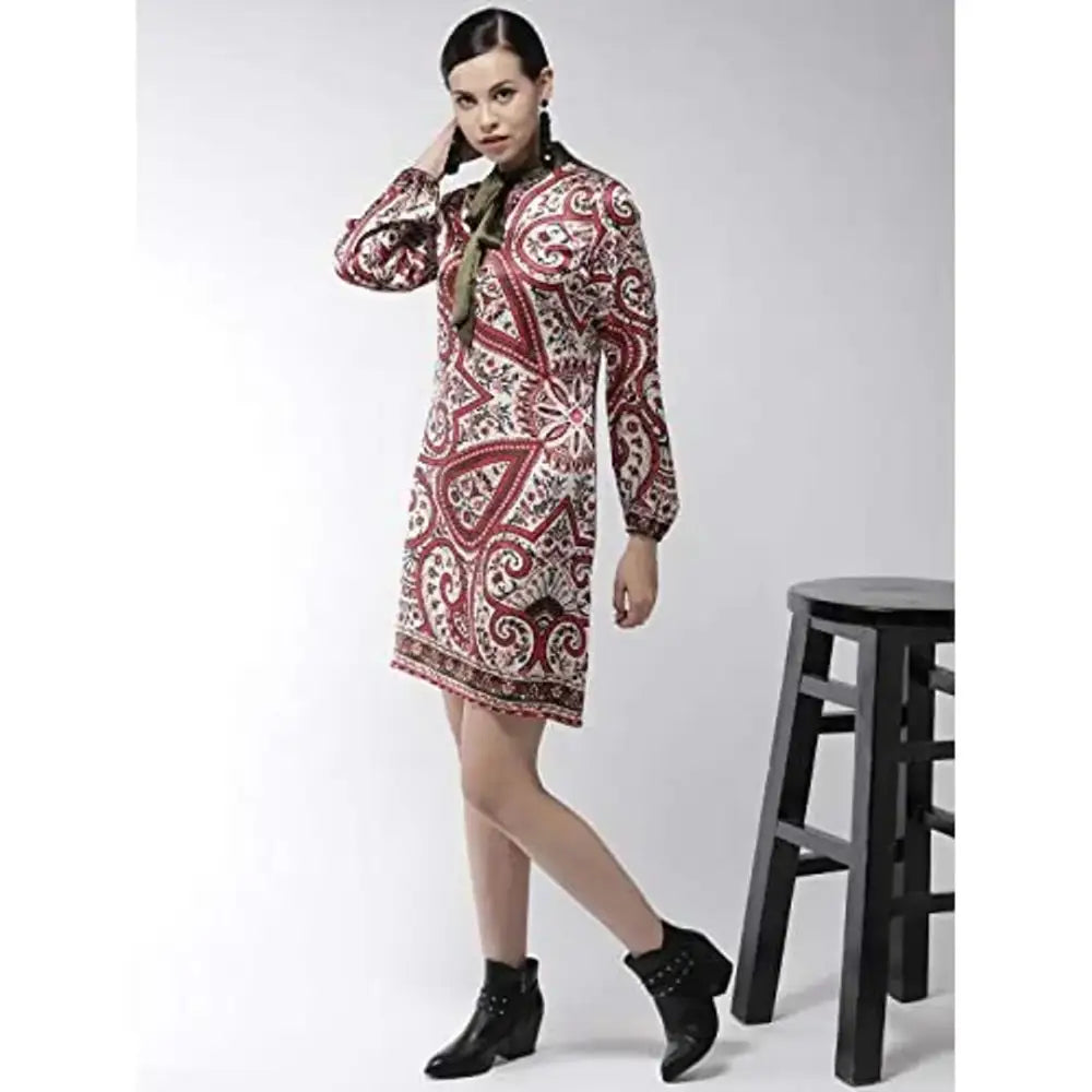 StyleStone Women's Red Paisley Print Olive Necktie Dress