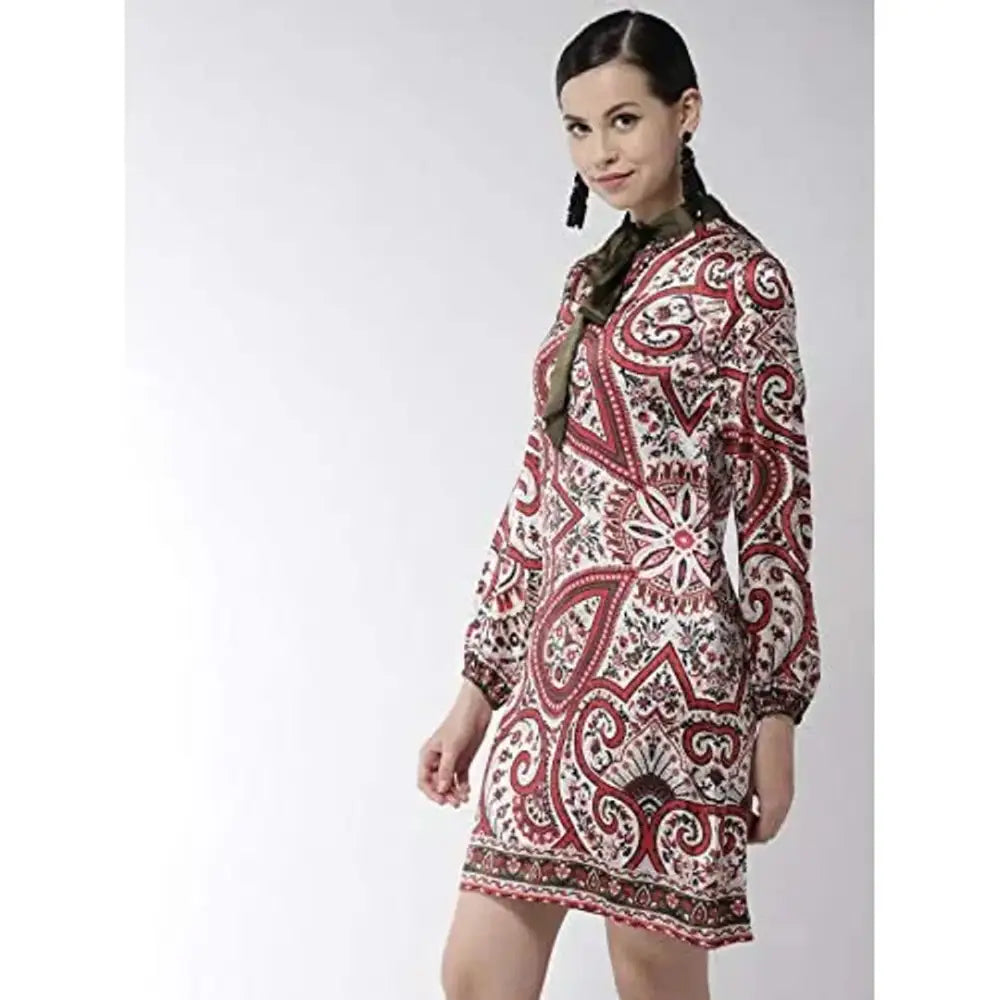 StyleStone Women's Red Paisley Print Olive Necktie Dress